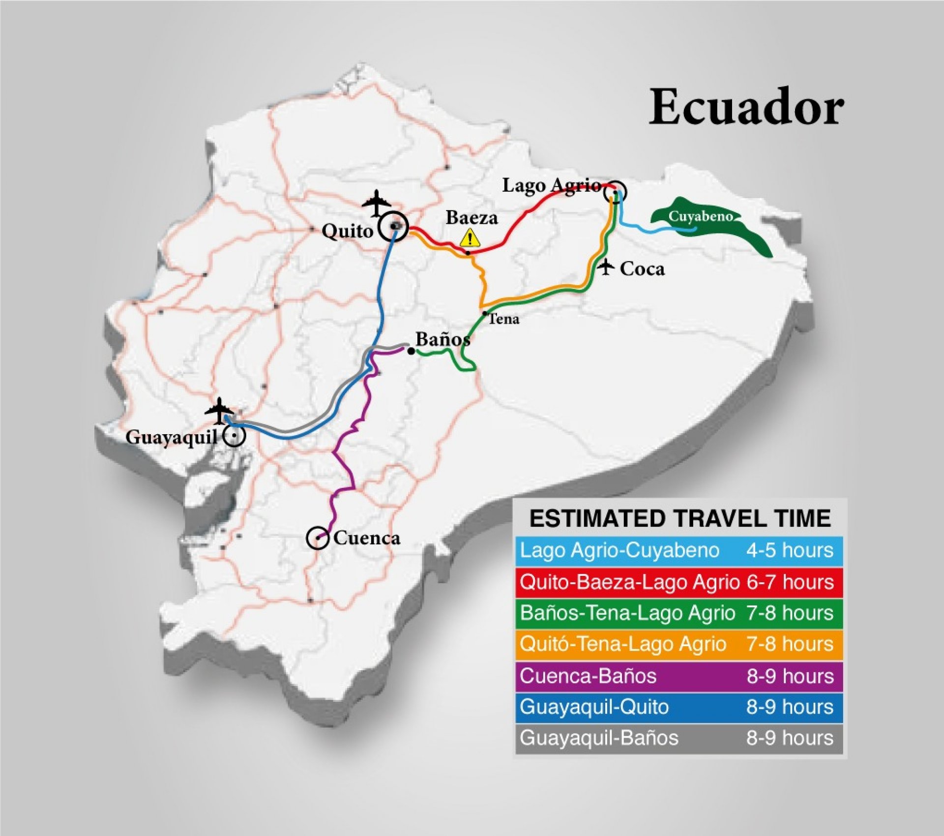 Travel by car to Cuyabeno (Lago Agrio) from Guayaquil?